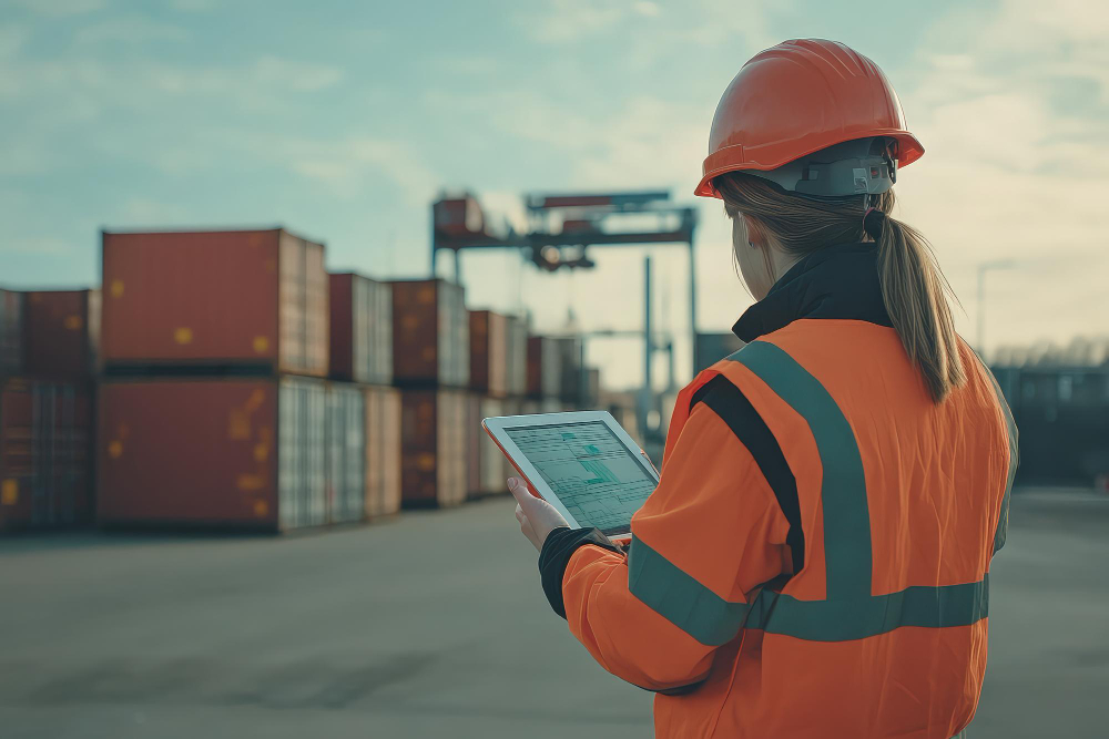 Profissional de logística conferindo documentos do despacho aduaneiro em operação com containers.