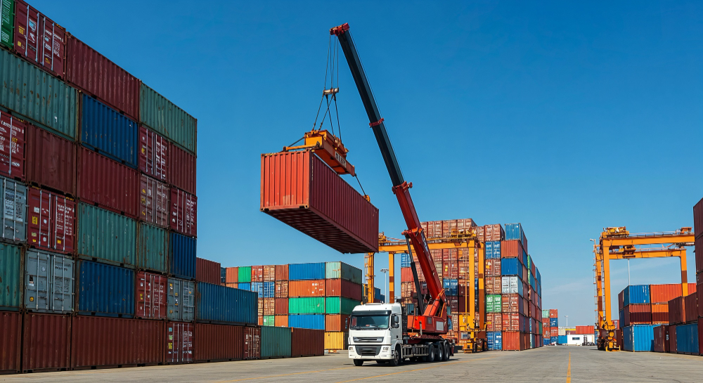 Caminhão transportando container em operação logística de importação relacionada à DUIMP
